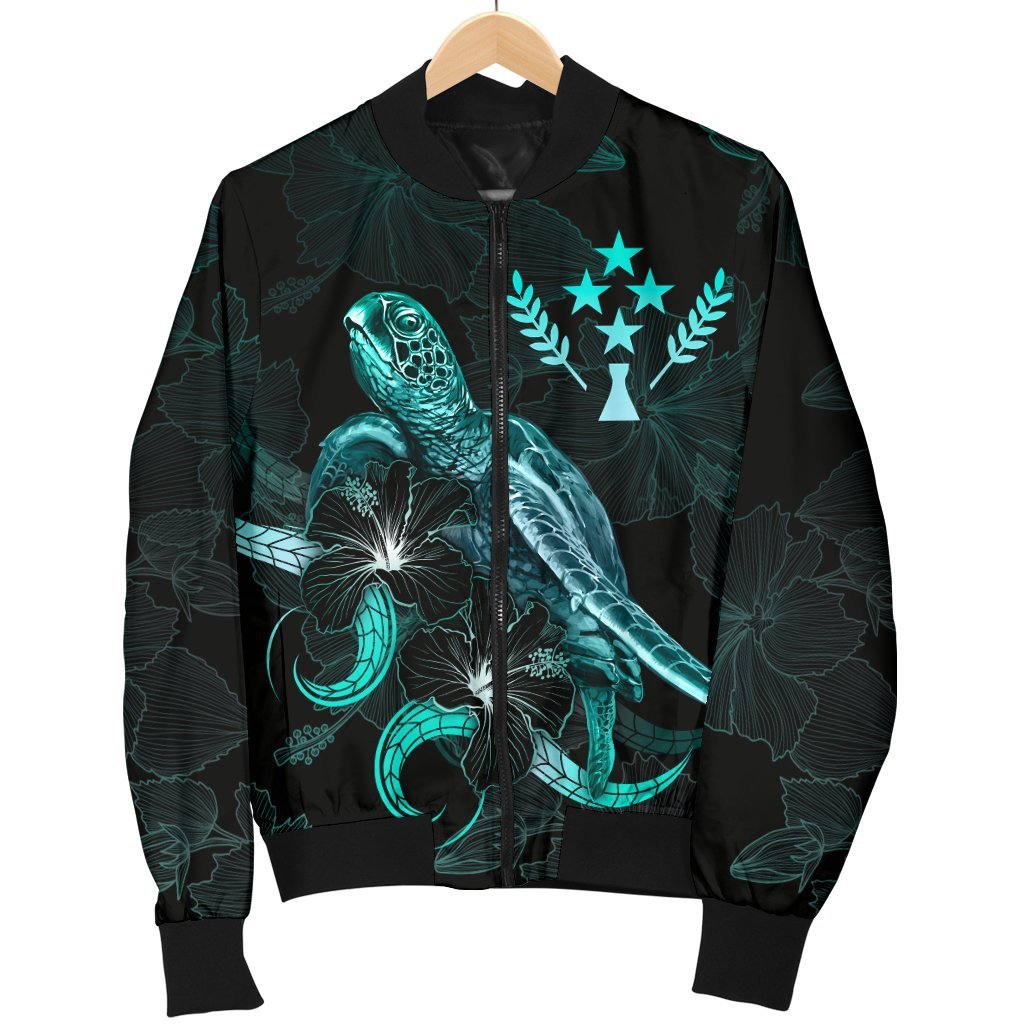 Kosrae Polynesian Men's Bomber Jacket - Turtle With Blooming Hibiscus Turquoise - Polynesian Pride
