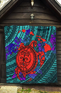 Hawaii Polynesian Premium Quilt - Hawaii Red Turtle Map & Purple Hibiscus - Polynesian Pride