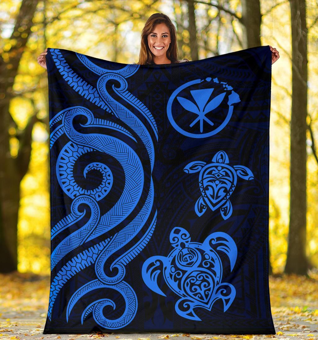Polynesian Hawaii Premium Blanket - Blue Kanaka Maoli Tentacle Turtle - Polynesian Pride