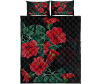 Hibiscus Red Flower Quilt Bed Set Black - Polynesian Pride