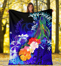 Pohnpei Premium Blanket - Humpback Whale with Tropical Flowers (Blue) - Polynesian Pride