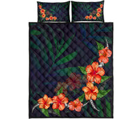 Hibiscus Palm Background Quilt Bed Set Black - Polynesian Pride
