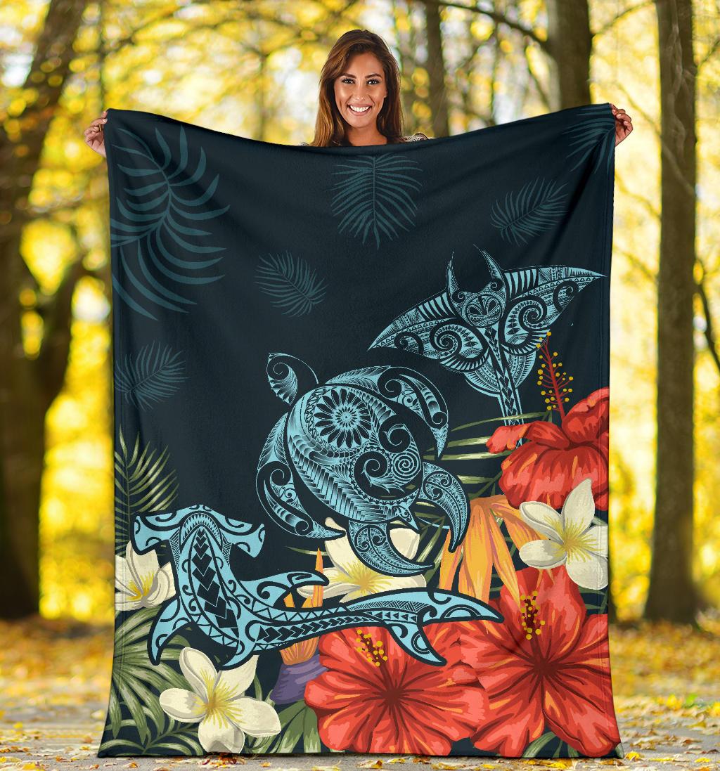 Hawaii Turtle Shark Manta Ray Hibiscus Plumeria Premium Blanket - Polynesian Pride