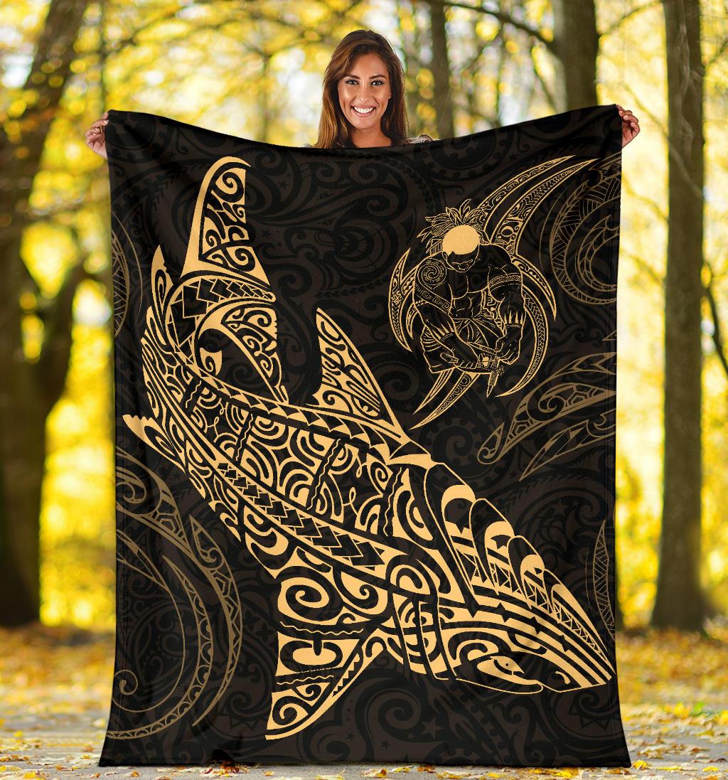 Shark Polynesian Blanket - Polynesian Tattoo Gold White - Polynesian Pride