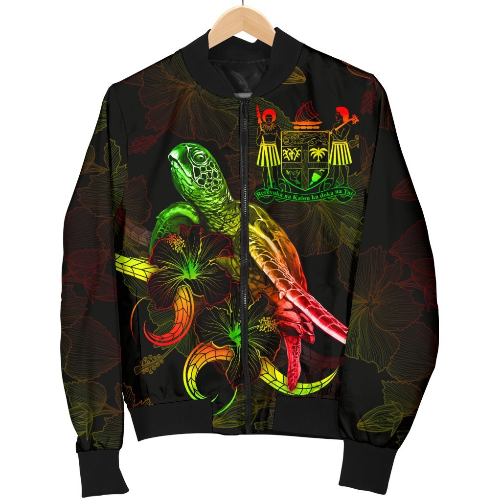 Fiji Polynesian Men's Bomber Jacket - Turtle With Blooming Hibiscus Reggae - Polynesian Pride