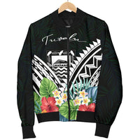 Tuvalu Men's Bomber Jacket - Tuvalu Caledonia Coat of Arms & Polynesian Tropical Flowers White - Polynesian Pride