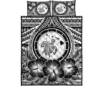 Hawaiian Map Honu Hibiscus White Polynesian Quilt Bed Set White - Polynesian Pride