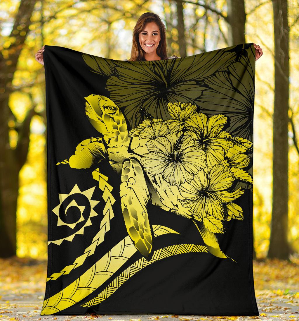 Hawaii Turtle Hibiscus Polynesian Vintage Premium Blanket - Yellow - Polynesian Pride