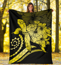 Hawaii Turtle Hibiscus Polynesian Vintage Premium Blanket - Yellow - Polynesian Pride