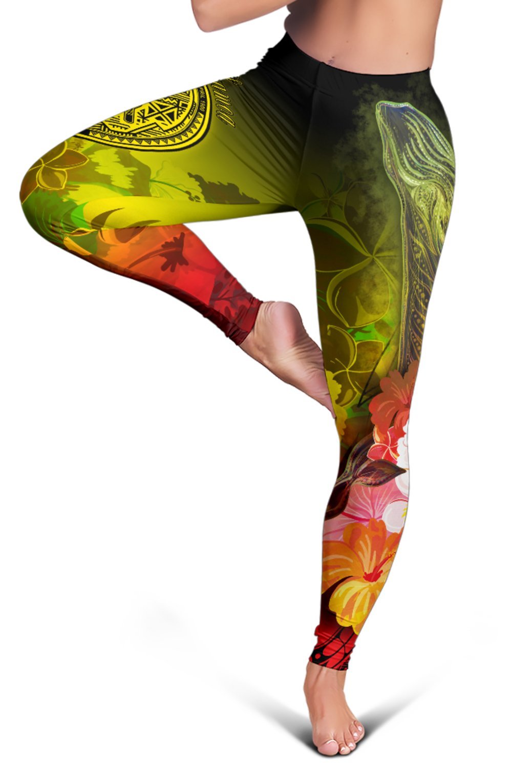 American Samoa Polynesian Women's Leggings - Humpback Whale with Tropical Flowers - Polynesian Pride