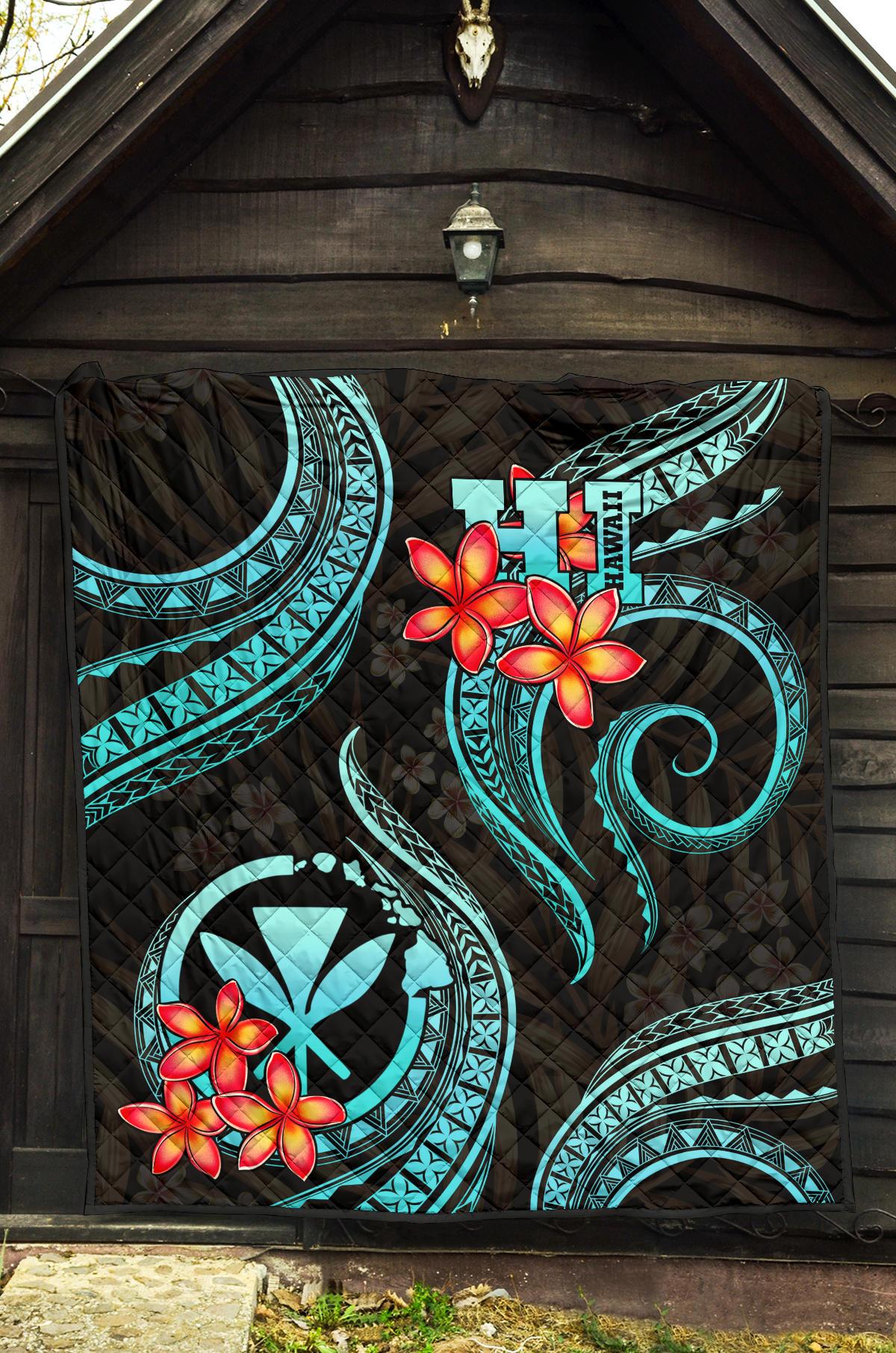 Polynesian Hawaii Premium Quilt - Turquoise Plumeria - Polynesian Pride