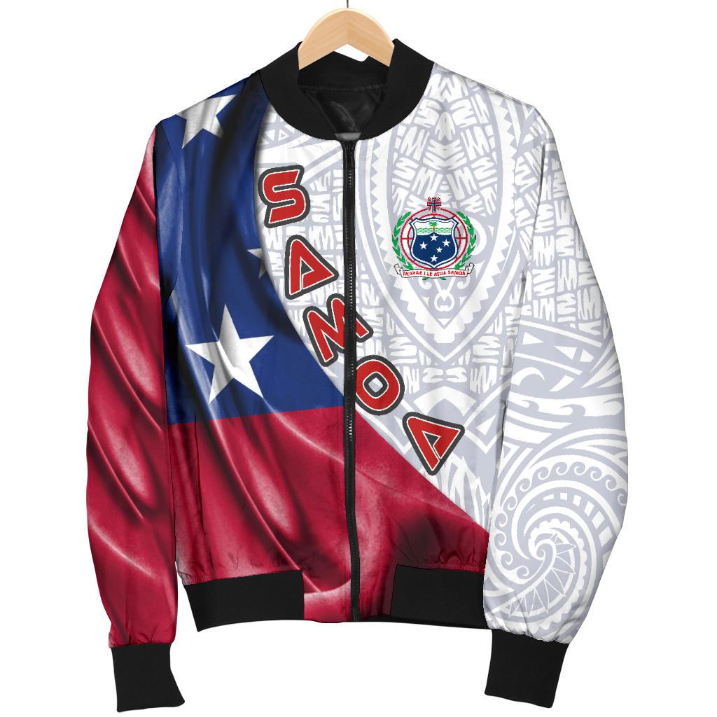 Samoa Polynesian Men's Bomber Jacket - Waving Silky Flag White - Polynesian Pride