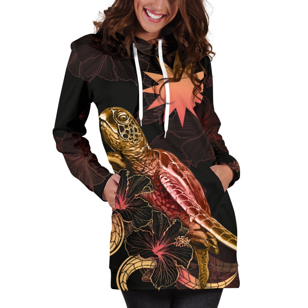 Nauru Polynesian Hoodie Dress - Turtle With Blooming Hibiscus Gold - Polynesian Pride