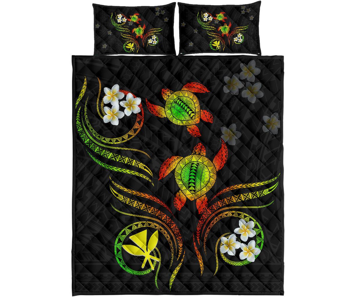 Hawaii Kanaka Turtle Plumeria Polynesian Quilt Bed Set - Royal - AH - Polynesian Pride