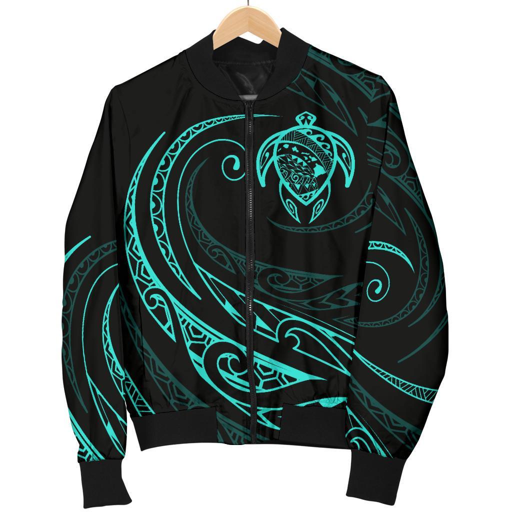 Hawaii Turtle Map Polynesian Men's Bomber Jacket - Turquoise - Frida Style - Polynesian Pride