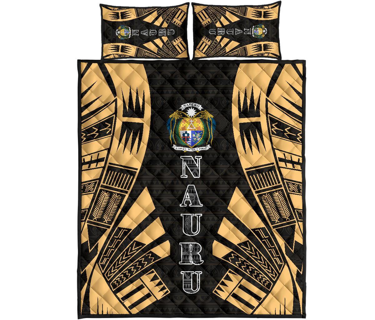 Nauru Quilt Bed Set - Nauru Coat Of Arms & Polynesian Yellow Tattoo Style Yellow - Polynesian Pride