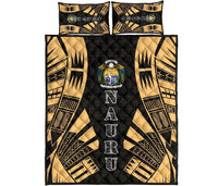 Nauru Quilt Bed Set - Nauru Coat Of Arms & Polynesian Yellow Tattoo Style Yellow - Polynesian Pride