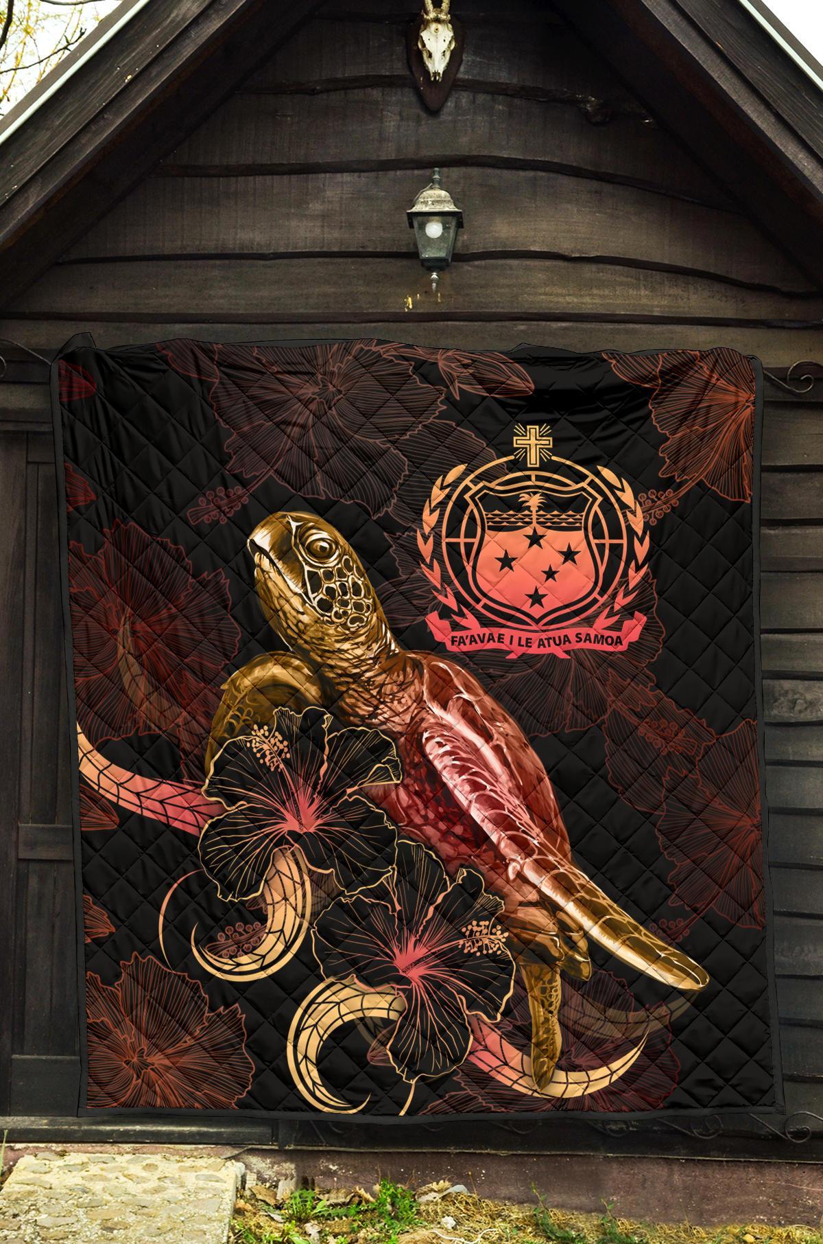 Samoa Polynesian Premium Quilt - Turtle With Blooming Hibiscus Gold - Polynesian Pride