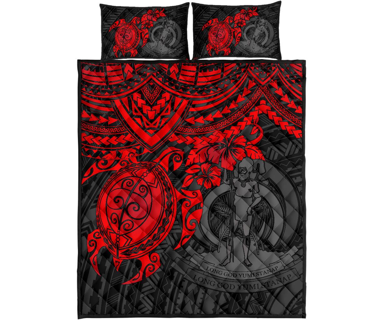 Vanuatu Polynesian Quilt Bed Set - Vanuatu Coat Of Arms & Red Turtle Hibiscus - Polynesian Pride