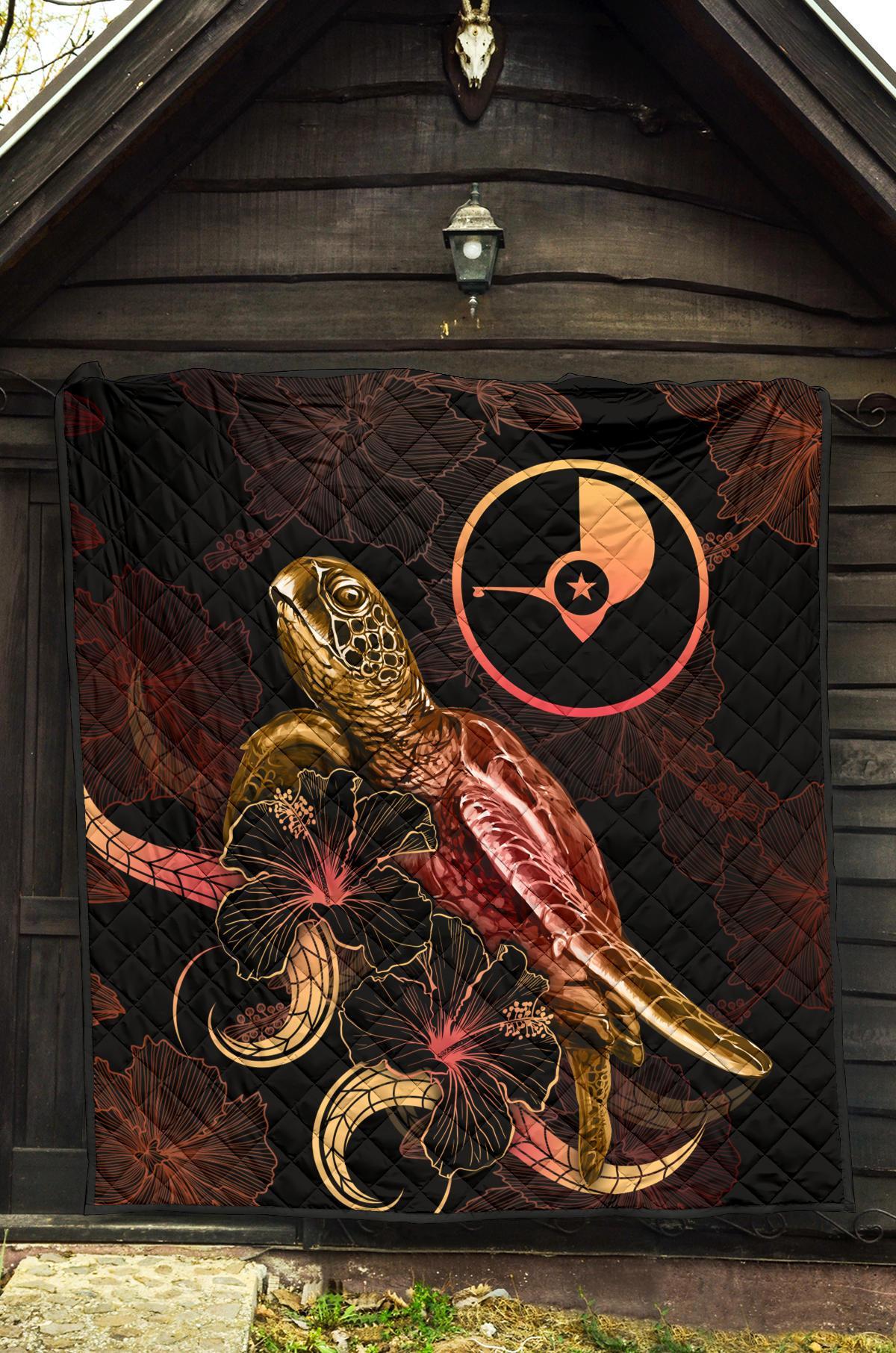 Yap Polynesian Premium Quilt - Turtle With Blooming Hibiscus Gold - Polynesian Pride