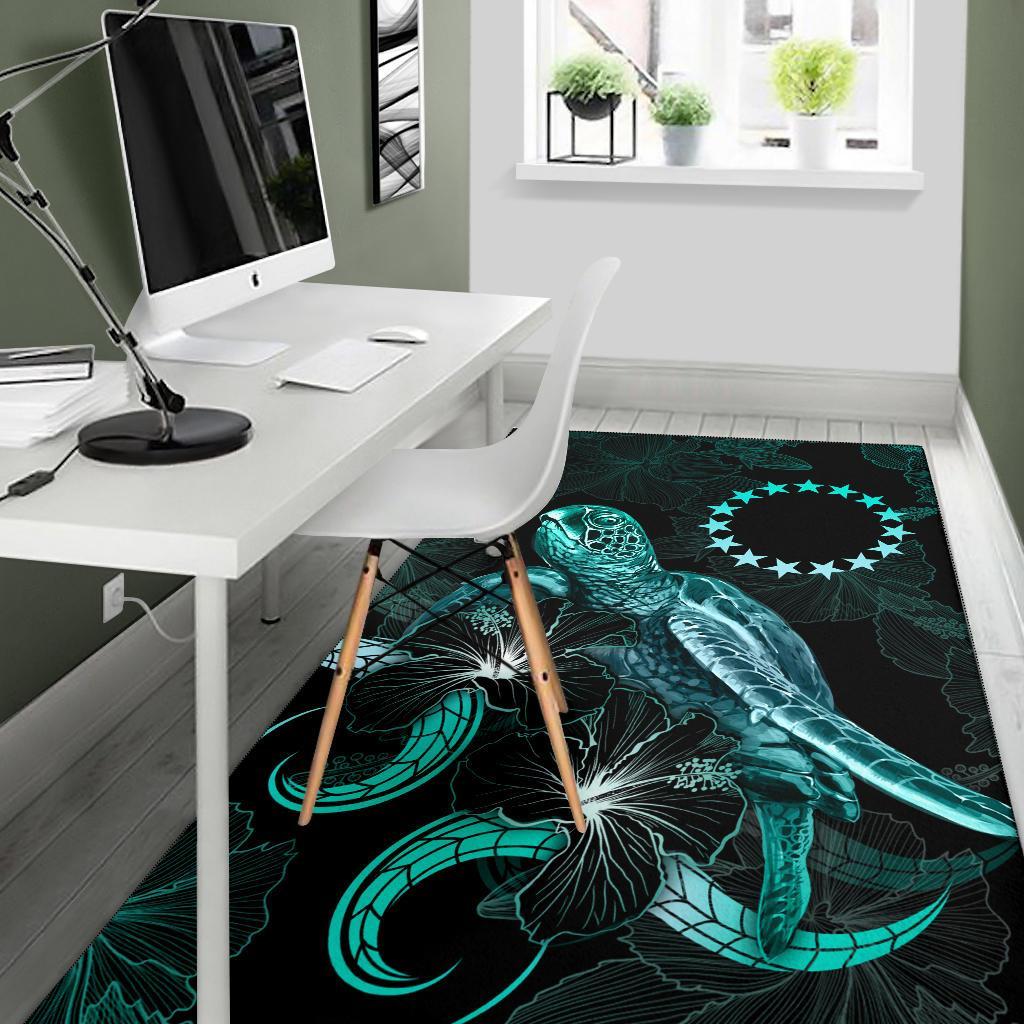 Cook Islands Polynesian Area Rugs - Turtle With Blooming Hibiscus Turquoise - Polynesian Pride