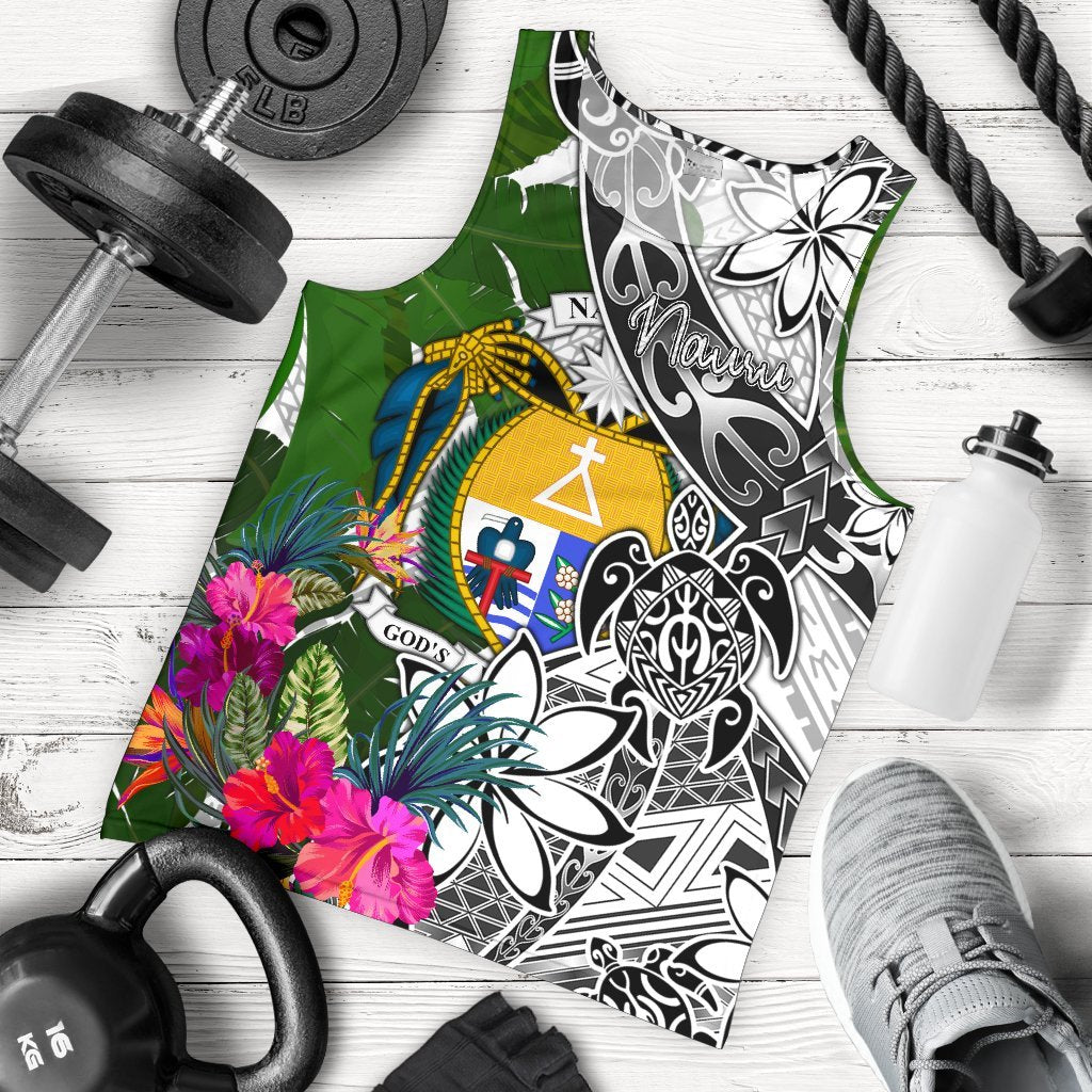 Nauru Men's Tank Top White - Turtle Plumeria Banana Leaf Crest White - Polynesian Pride