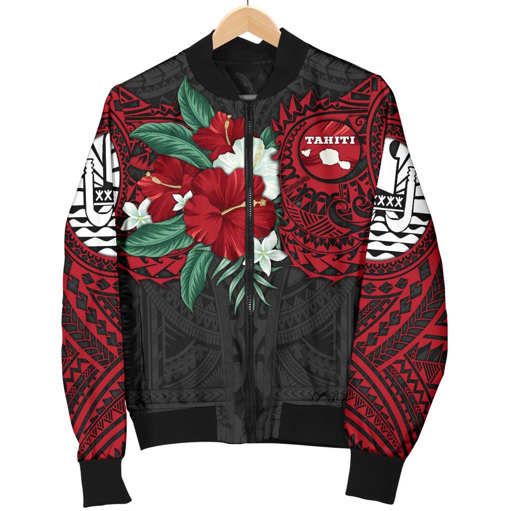 Tahiti Polynesian Men's Bomber Jacket - Hibiscus and Sea Turtle (Red) - Polynesian Pride