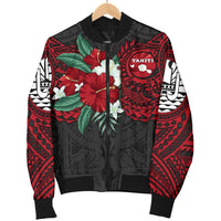 Tahiti Polynesian Men's Bomber Jacket - Hibiscus and Sea Turtle (Red) - Polynesian Pride