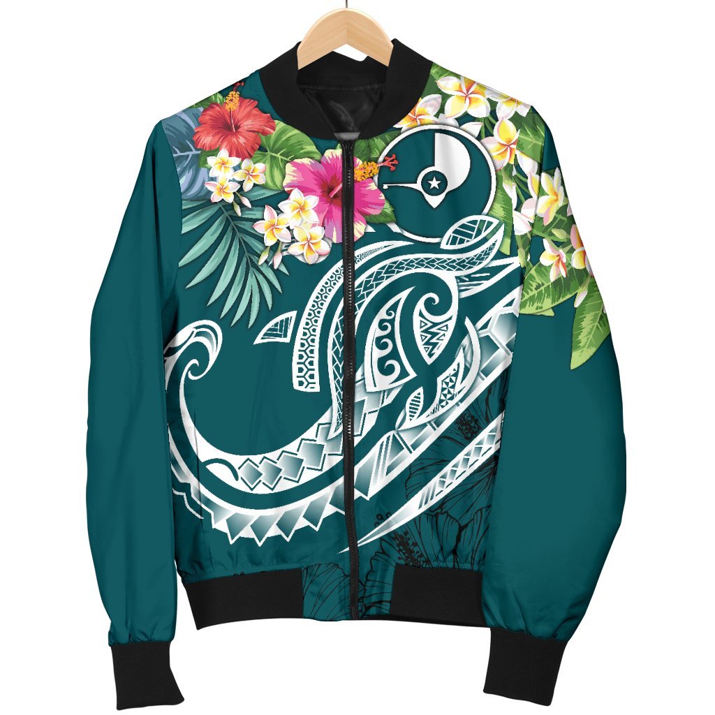 YAP Polynesian Men's Bomber Jacket - Summer Plumeria (Turquoise) - Polynesian Pride