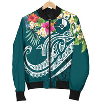 YAP Polynesian Men's Bomber Jacket - Summer Plumeria (Turquoise) - Polynesian Pride
