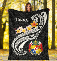 Tonga Premium Blanket - Tonga Seal Polynesian Patterns Plumeria (Black) - Polynesian Pride
