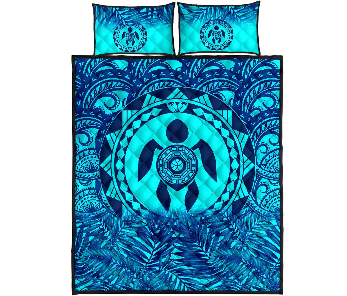 Polynesian Quilt Bed Set - Dark Blue Turtle Palm Torquoise Version - Polynesian Pride