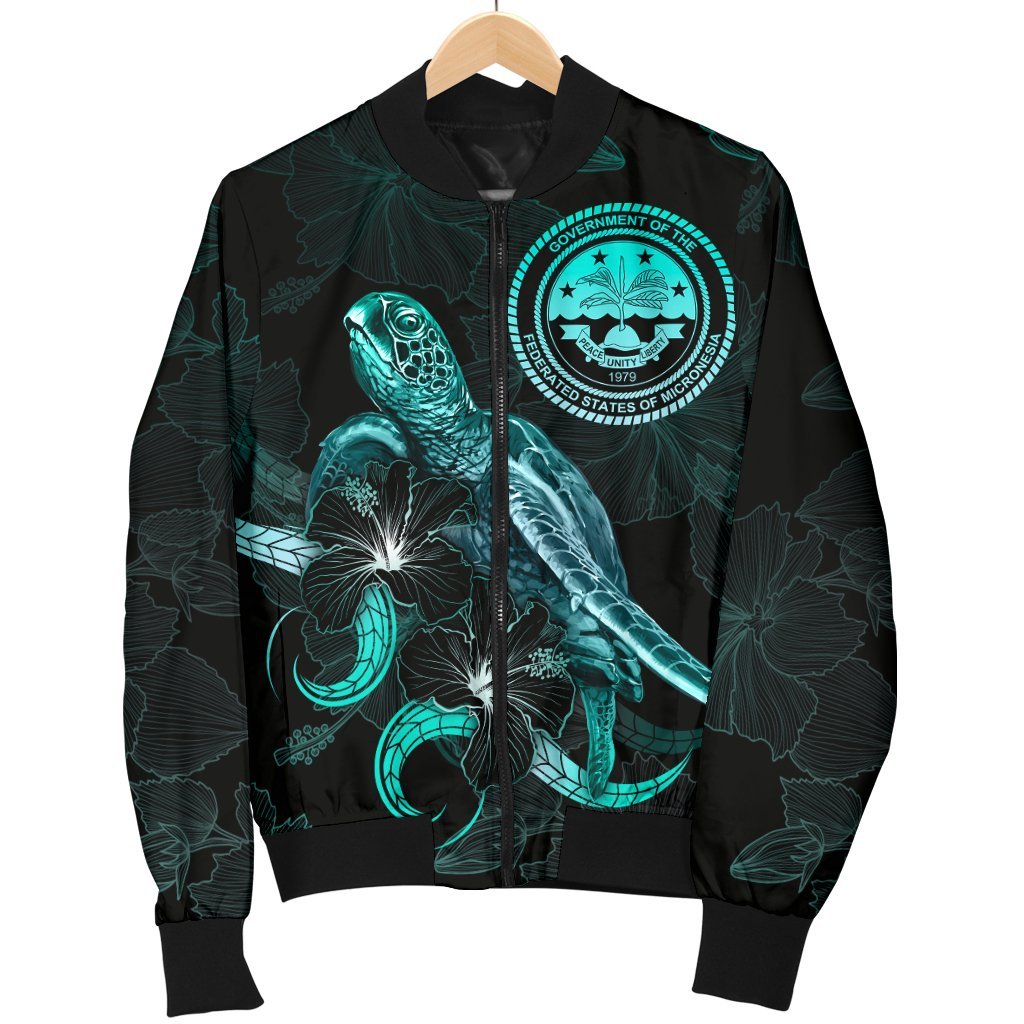 Federated States of Micronesia Polynesian Men's Bomber Jacket - Turtle With Blooming Hibiscus Turquoise - Polynesian Pride