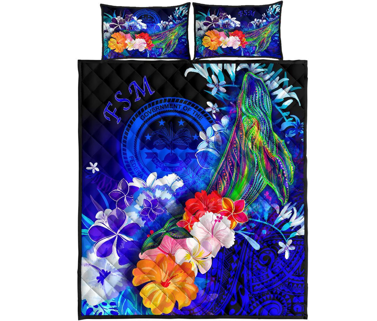 Federated States of Micronesia Quilt Bed Set - Humpback Whale with Tropical Flowers (Blue) - Polynesian Pride