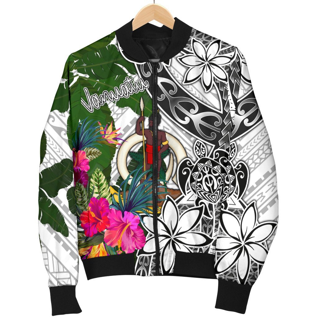 Vanuatu Men's Bomber Jacket White - Turtle Plumeria Banana Leaf - Polynesian Pride
