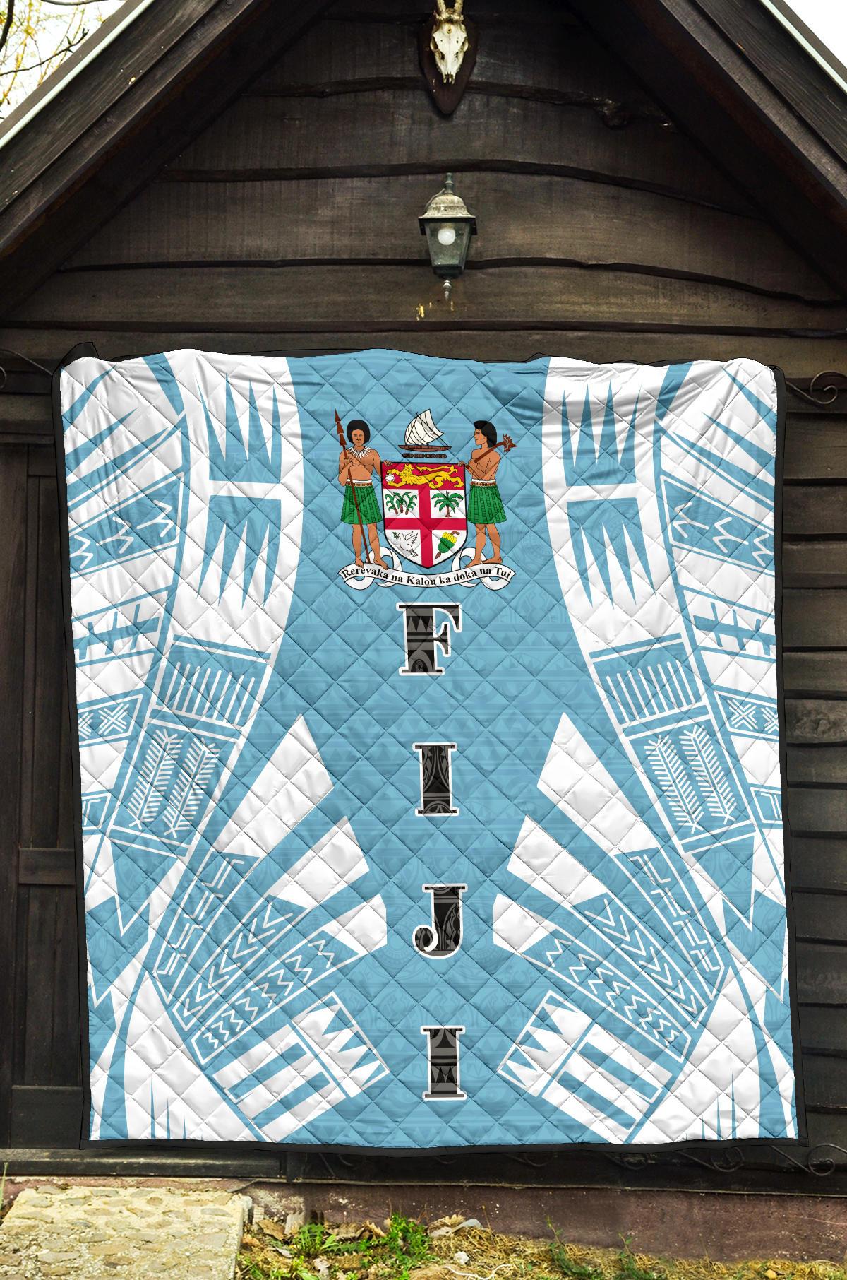Fiji Premium Quilt - Fiji Coat Of Arms Polynesian White Tattoo (Blue) - Polynesian Pride