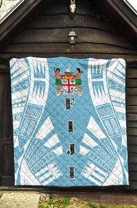 Fiji Premium Quilt - Fiji Coat Of Arms Polynesian White Tattoo (Blue) - Polynesian Pride