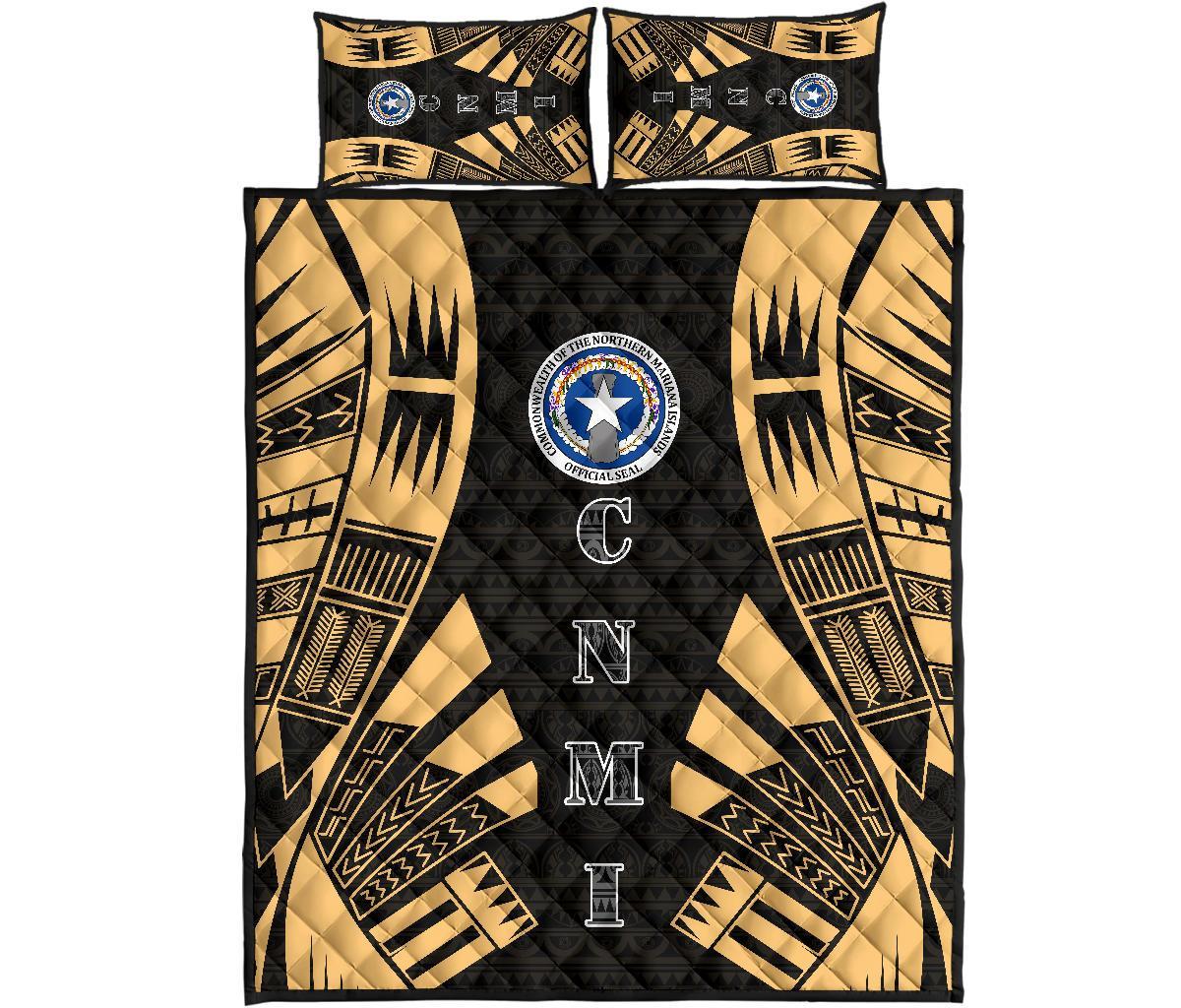 Northern Mariana Islands Quilt Bed Set - Northern Mariana Islands Seal & Polynesian Yellow Tattoo Style Yellow - Polynesian Pride