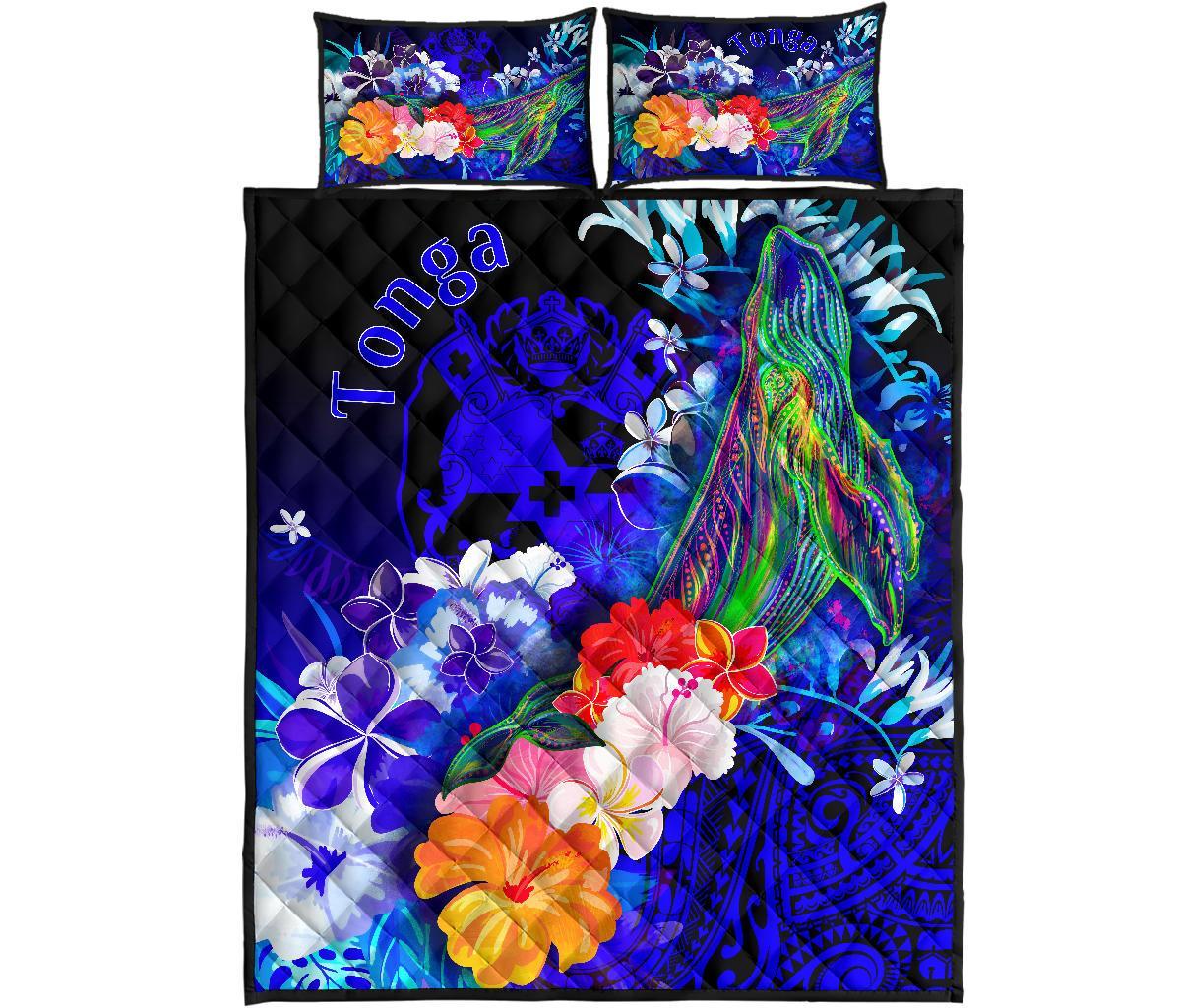 Tonga Quilt Bed Set - Humpback Whale with Tropical Flowers (Blue) - Polynesian Pride