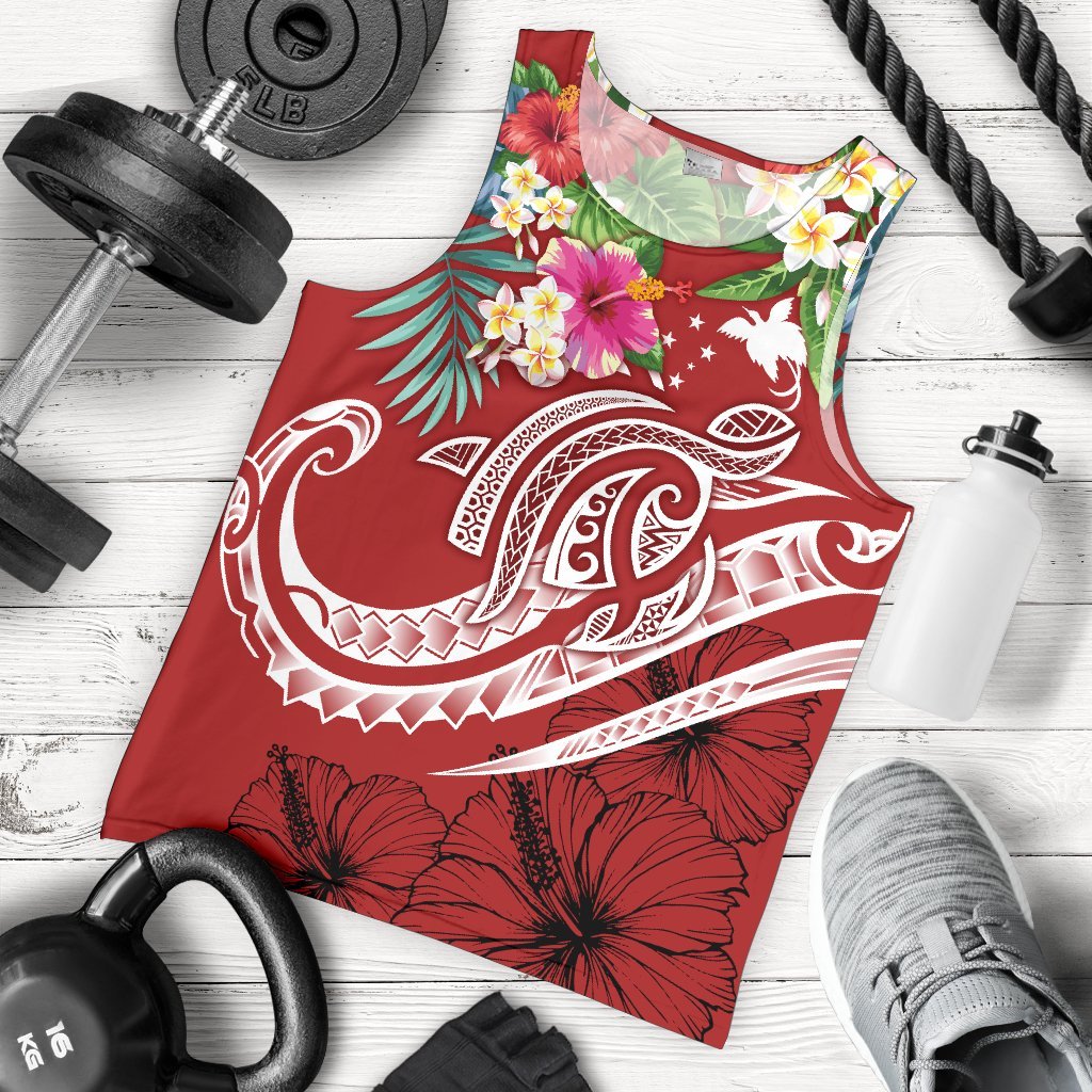 Papua New Guinea Polynesian Men's Tank Top - Summer Plumeria (Red) Red - Polynesian Pride