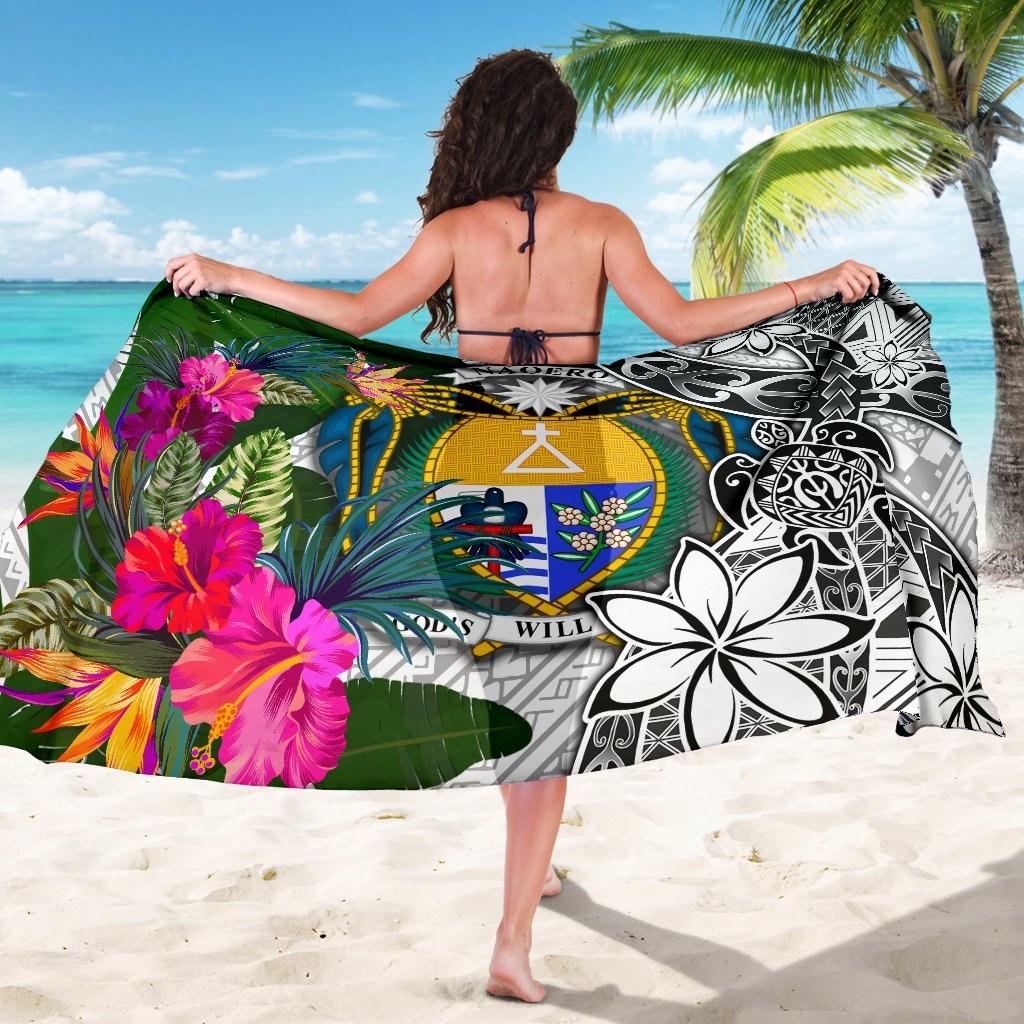 Nauru Sarong White - Turtle Plumeria Banana Leaf Crest - Polynesian Pride
