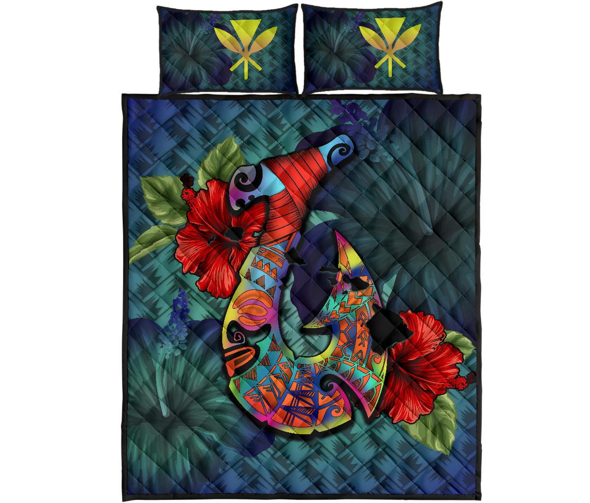 Kanaka Maoli (Hawaiian) Quilt Bed Set - Polynesian Fish Hook Hibiscus Blue - Polynesian Pride