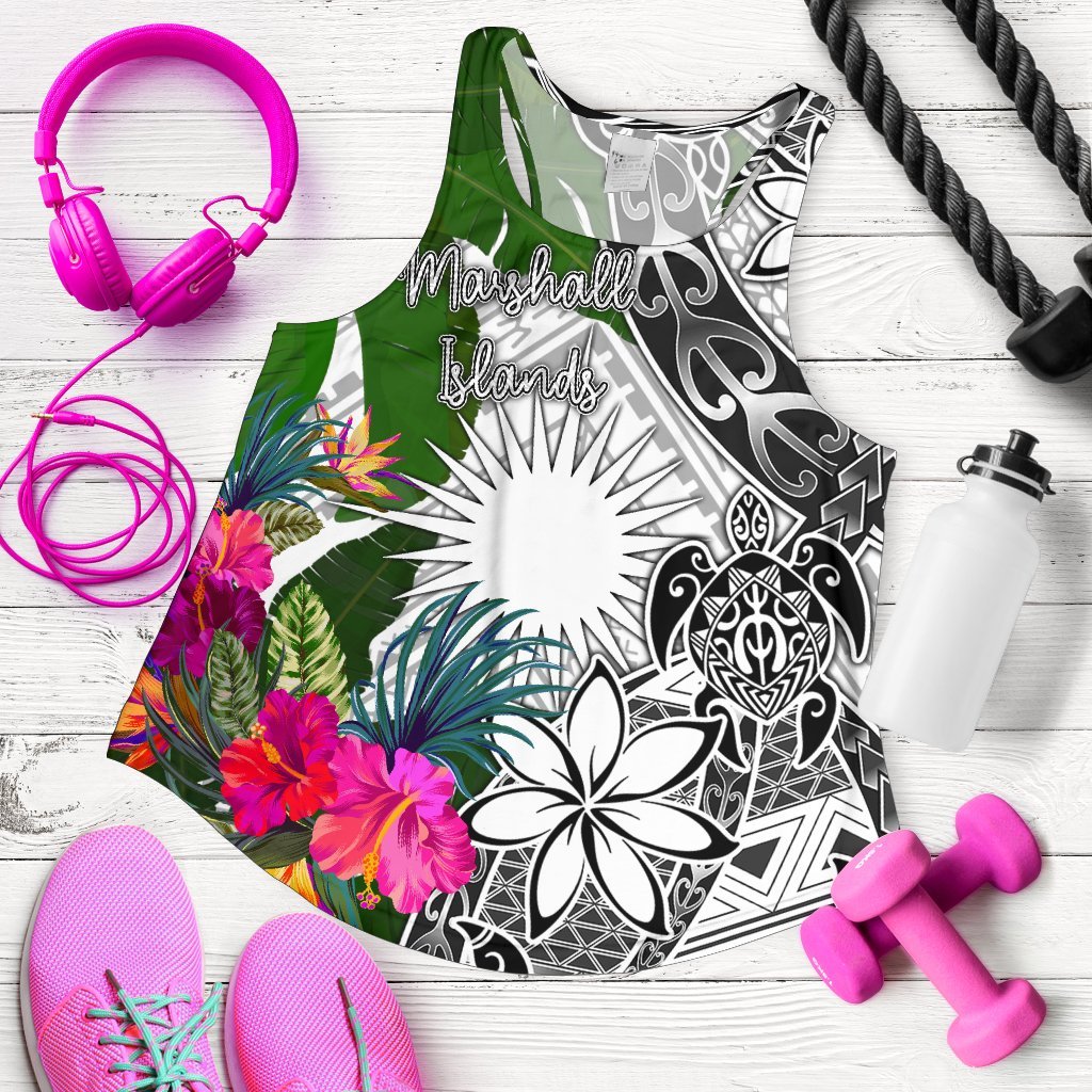 Marshall Islands Women's Racerback Tank White - Turtle Plumeria Banana Leaf White - Polynesian Pride