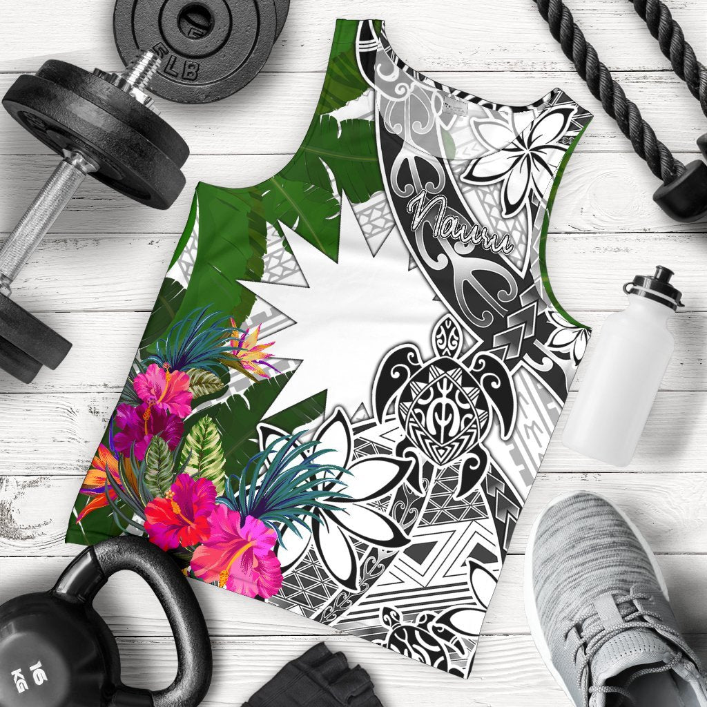 Nauru Men's Tank Top White - Turtle Plumeria Banana Leaf White - Polynesian Pride