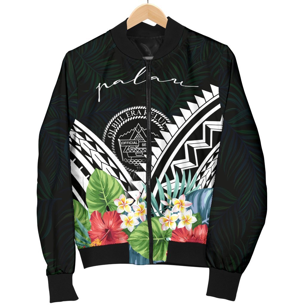 Palau Men's Bomber Jacket - Palau Caledonia Coat of Arms & Polynesian Tropical Flowers White - Polynesian Pride