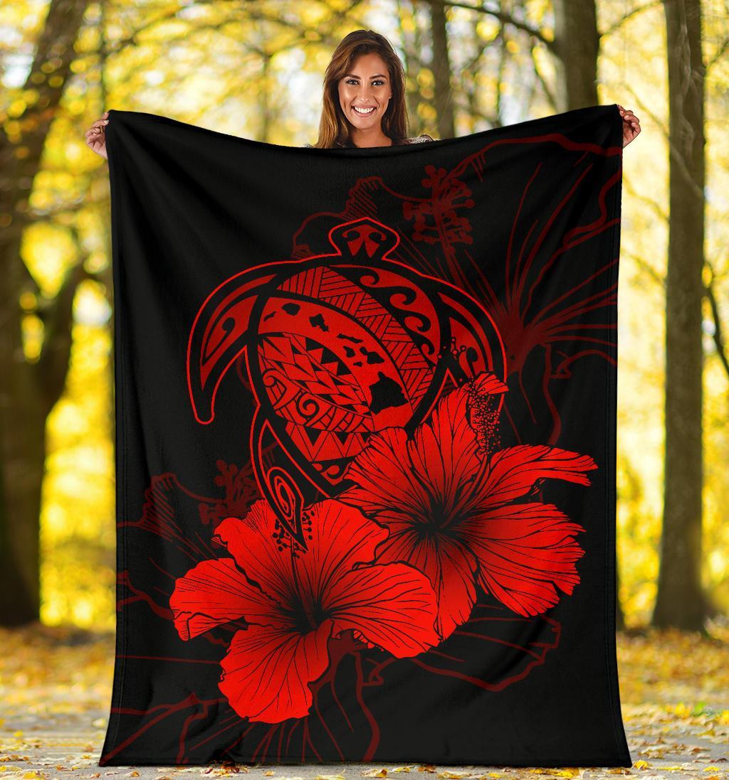 Hawaii Hibiscus Premium Blanket - Turtle Map - Red - Polynesian Pride