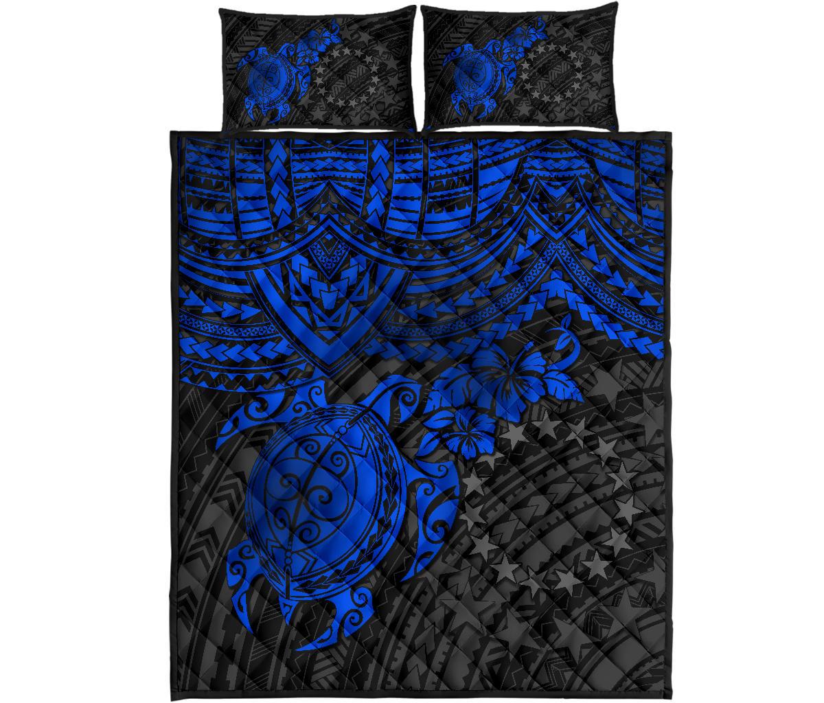 Cook Islands Polynesian Quilt Bed Set - Cook Islands Flag & Blue Turtle Hibiscus - Polynesian Pride