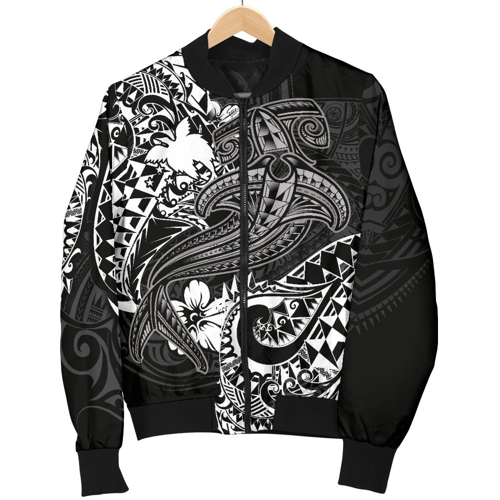Papua New Guinea Men's Bomber Jacket - White Shark Polynesian Tattoo - Polynesian Pride