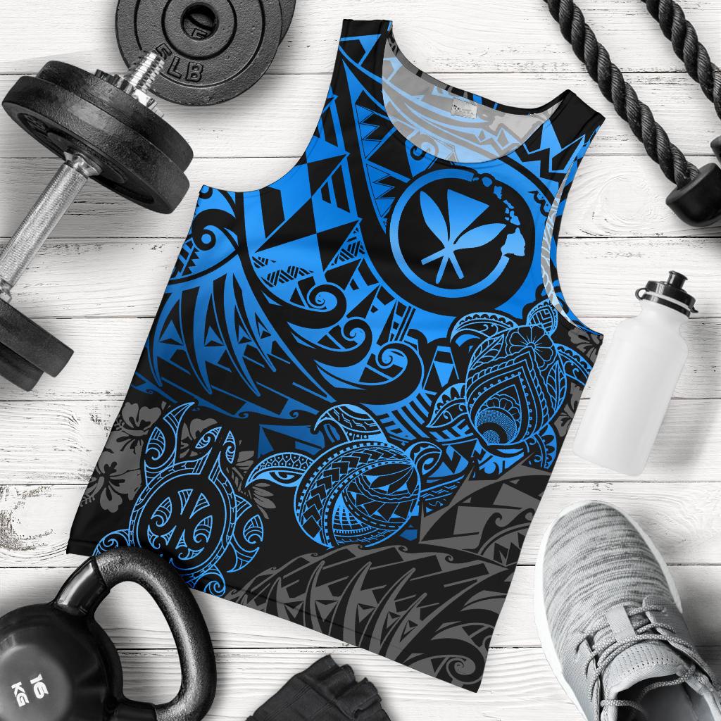 Polynesian Hawaii (Kanaka Maoli) Men's Tank Top - Blue Turtle Hibiscus Flowing Blue - Polynesian Pride
