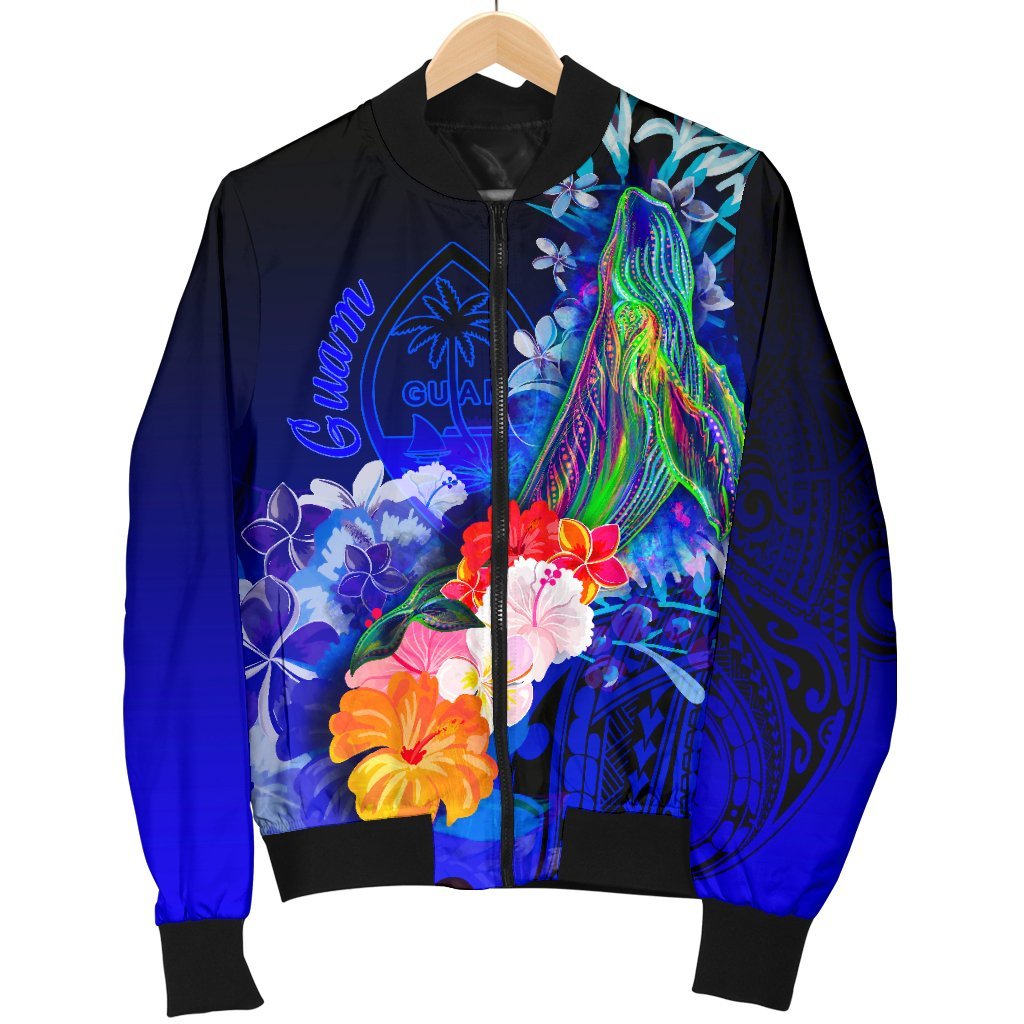 Guam Men's Bomber Jacket - Humpback Whale with Tropical Flowers (Blue) - Polynesian Pride